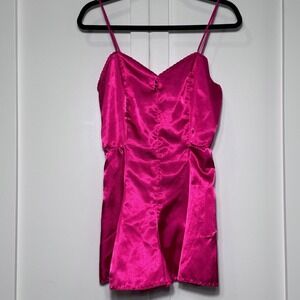 Sedu Vintage Hot Pink Satin Teddy Romper Scalloped Trim Snap Gusset USA Small